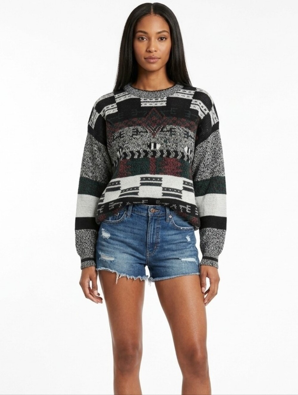 Vintage Abstract Geometric Patterned Crewneck Sweater In Black/Gray/Red/White